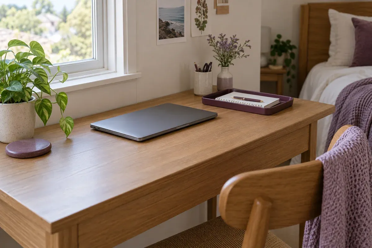 A small bedroom desk with a closed laptop and stationery kept in one tray.