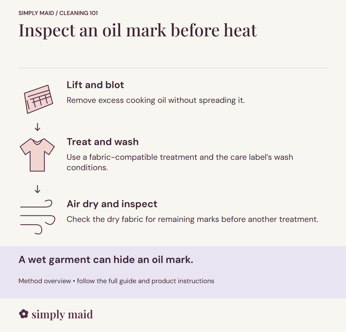 Inspect an oil mark before heat. A wet garment can hide an oil mark.