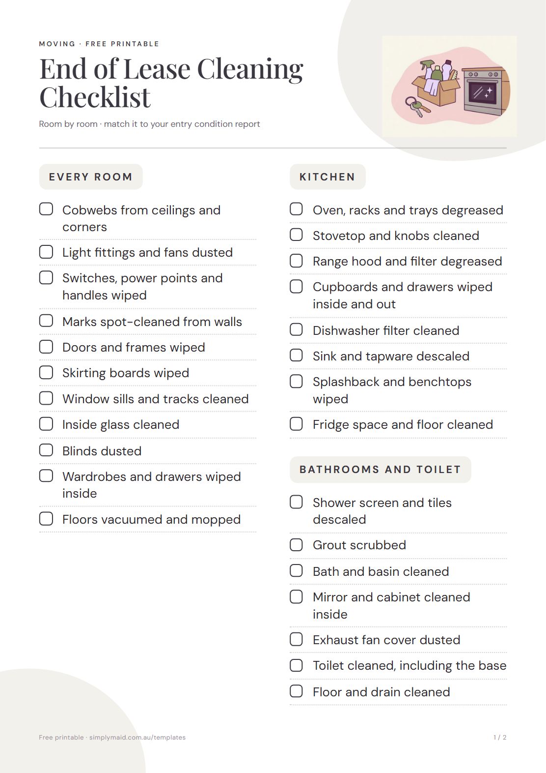 End of Lease Cleaning Checklist, page 1 of 2 (Neutral)